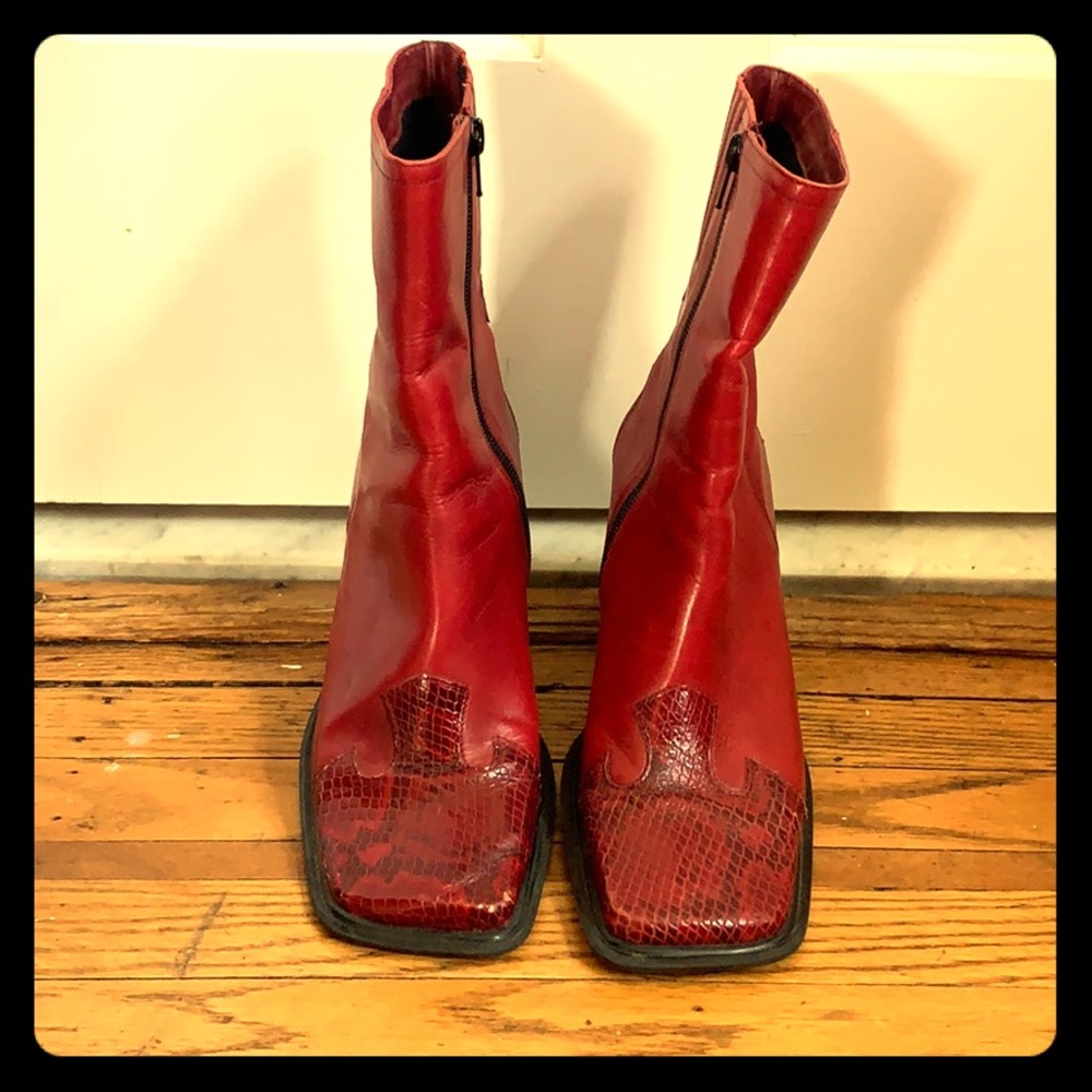 Red ankle boots with faux snake skin.
